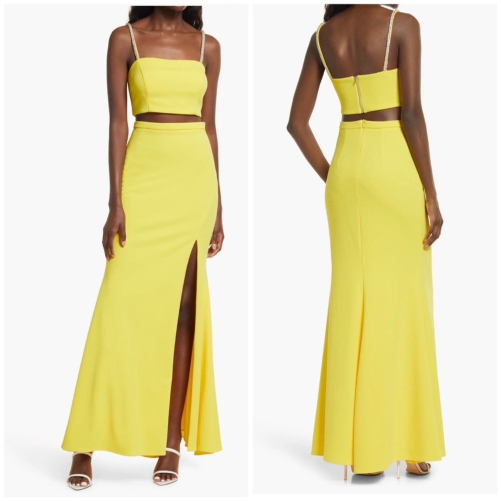 Xscape Yellow Crop Top Formal Dress Two-Piece Set